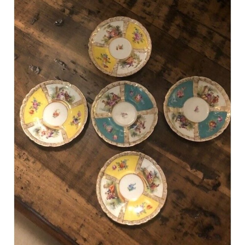 FIVE (5) ANTIQUE RARE 1800s RK RICHARD KLEMM GERMANY DRESDEN COURTING SAUCERS